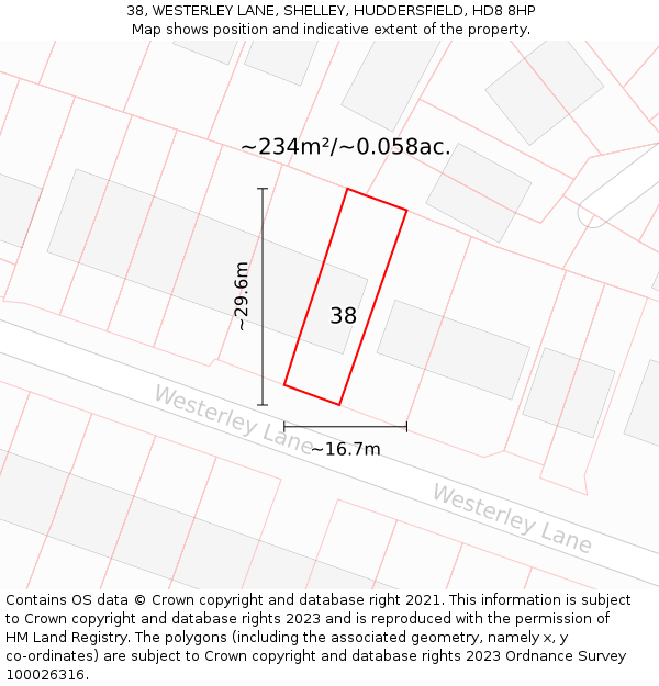 38, WESTERLEY LANE, SHELLEY, HUDDERSFIELD, HD8 8HP: Plot and title map