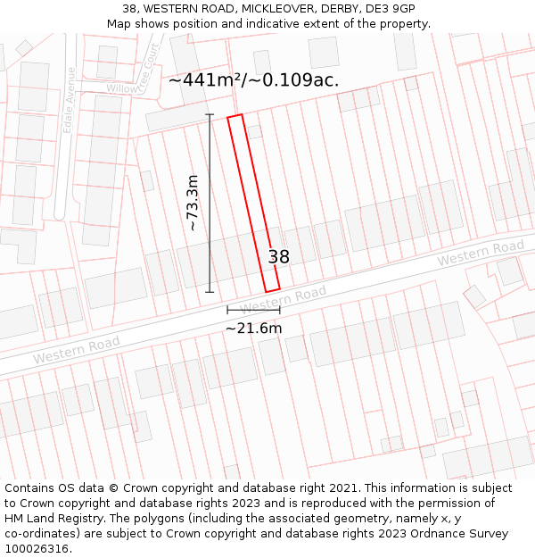 38, WESTERN ROAD, MICKLEOVER, DERBY, DE3 9GP: Plot and title map