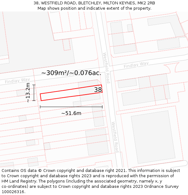 38, WESTFIELD ROAD, BLETCHLEY, MILTON KEYNES, MK2 2RB: Plot and title map