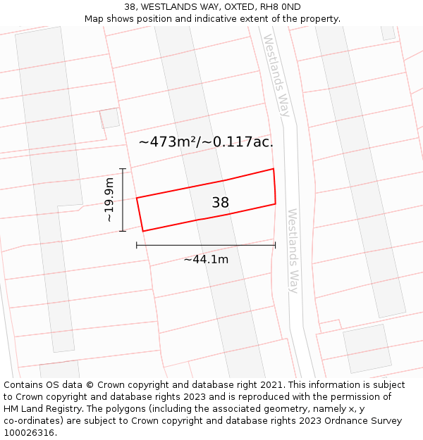 38, WESTLANDS WAY, OXTED, RH8 0ND: Plot and title map