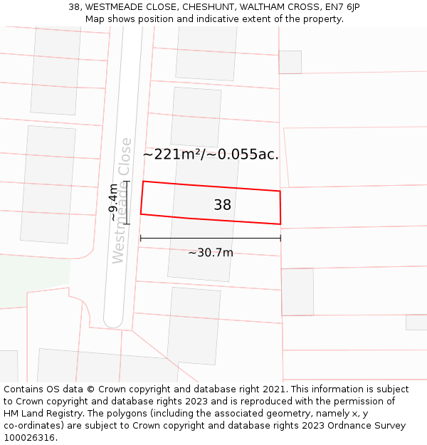 38, WESTMEADE CLOSE, CHESHUNT, WALTHAM CROSS, EN7 6JP: Plot and title map