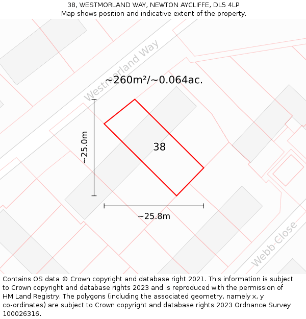 38, WESTMORLAND WAY, NEWTON AYCLIFFE, DL5 4LP: Plot and title map