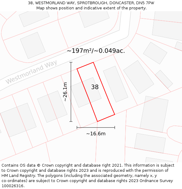 38, WESTMORLAND WAY, SPROTBROUGH, DONCASTER, DN5 7PW: Plot and title map