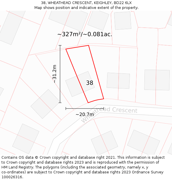 38, WHEATHEAD CRESCENT, KEIGHLEY, BD22 6LX: Plot and title map