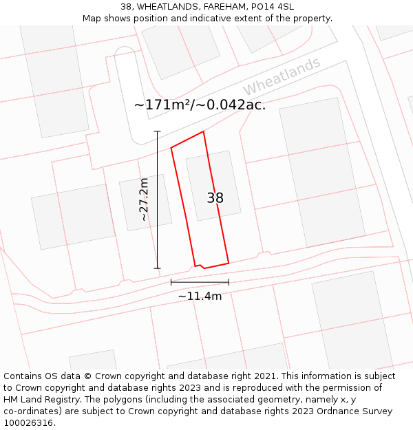 38, WHEATLANDS, FAREHAM, PO14 4SL: Plot and title map