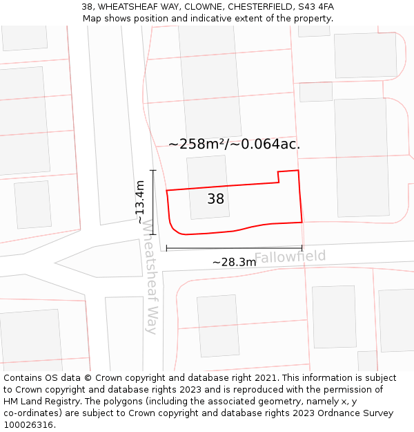38, WHEATSHEAF WAY, CLOWNE, CHESTERFIELD, S43 4FA: Plot and title map