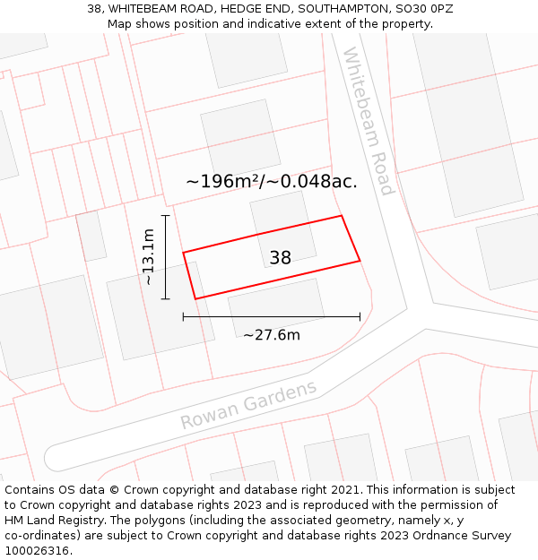 38, WHITEBEAM ROAD, HEDGE END, SOUTHAMPTON, SO30 0PZ: Plot and title map