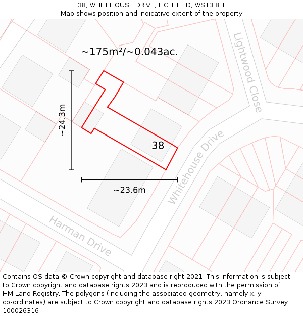 38, WHITEHOUSE DRIVE, LICHFIELD, WS13 8FE: Plot and title map