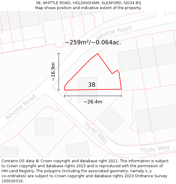 38, WHITTLE ROAD, HOLDINGHAM, SLEAFORD, NG34 8YJ: Plot and title map