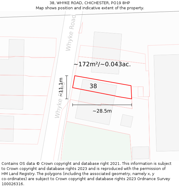 38, WHYKE ROAD, CHICHESTER, PO19 8HP: Plot and title map