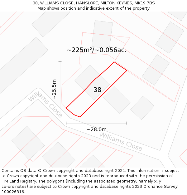 38, WILLIAMS CLOSE, HANSLOPE, MILTON KEYNES, MK19 7BS: Plot and title map