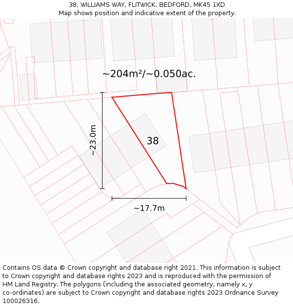 38, WILLIAMS WAY, FLITWICK, BEDFORD, MK45 1XD: Plot and title map
