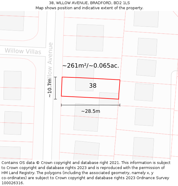 38, WILLOW AVENUE, BRADFORD, BD2 1LS: Plot and title map