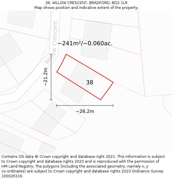 38, WILLOW CRESCENT, BRADFORD, BD2 1LR: Plot and title map