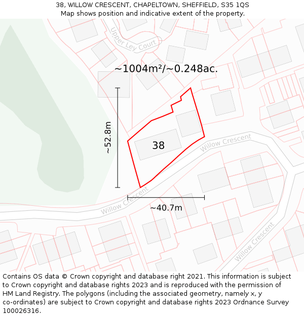 38, WILLOW CRESCENT, CHAPELTOWN, SHEFFIELD, S35 1QS: Plot and title map