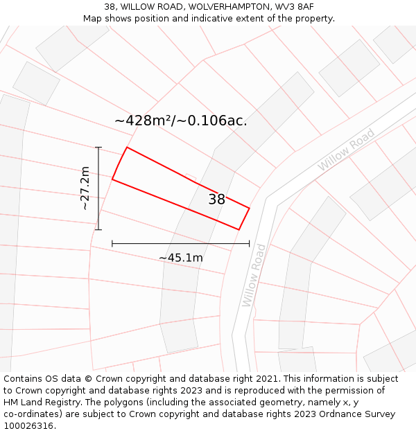 38, WILLOW ROAD, WOLVERHAMPTON, WV3 8AF: Plot and title map