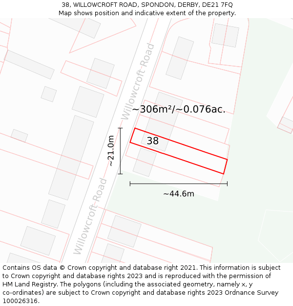 38, WILLOWCROFT ROAD, SPONDON, DERBY, DE21 7FQ: Plot and title map