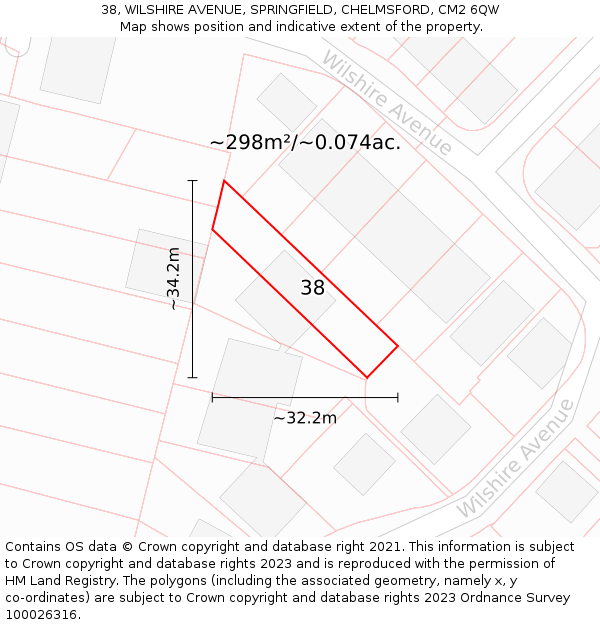 38, WILSHIRE AVENUE, SPRINGFIELD, CHELMSFORD, CM2 6QW: Plot and title map