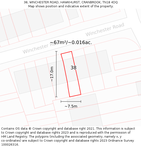 38, WINCHESTER ROAD, HAWKHURST, CRANBROOK, TN18 4DQ: Plot and title map