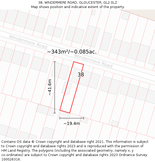 38, WINDERMERE ROAD, GLOUCESTER, GL2 0LZ: Plot and title map