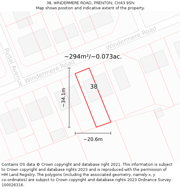 38, WINDERMERE ROAD, PRENTON, CH43 9SN: Plot and title map