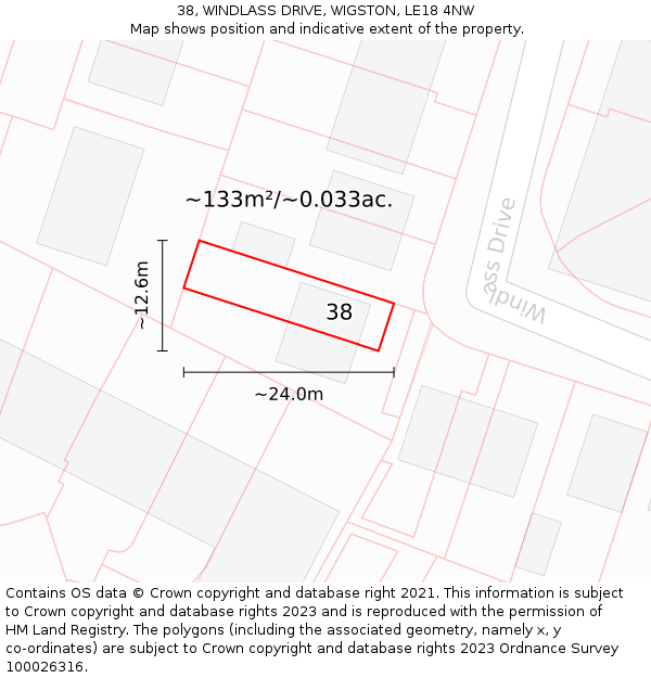 38, WINDLASS DRIVE, WIGSTON, LE18 4NW: Plot and title map