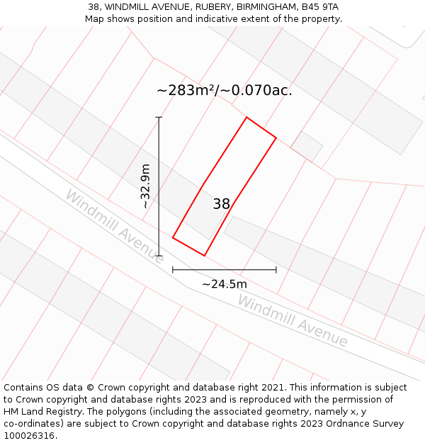 38, WINDMILL AVENUE, RUBERY, BIRMINGHAM, B45 9TA: Plot and title map