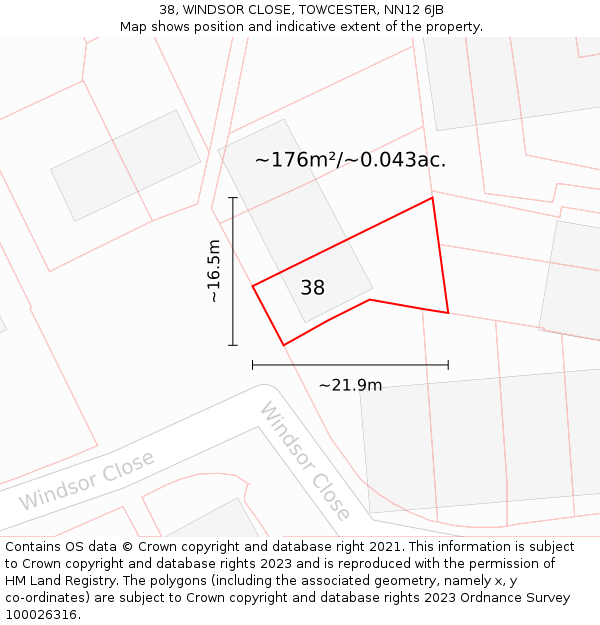 38, WINDSOR CLOSE, TOWCESTER, NN12 6JB: Plot and title map