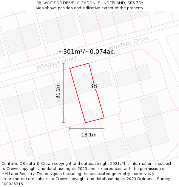 38, WINDSOR DRIVE, CLEADON, SUNDERLAND, SR6 7SY: Plot and title map