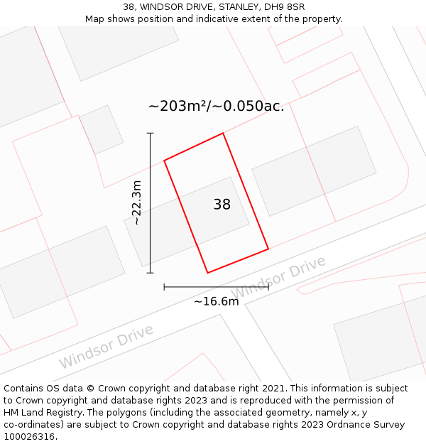 38, WINDSOR DRIVE, STANLEY, DH9 8SR: Plot and title map