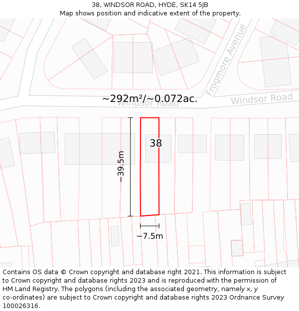 38, WINDSOR ROAD, HYDE, SK14 5JB: Plot and title map