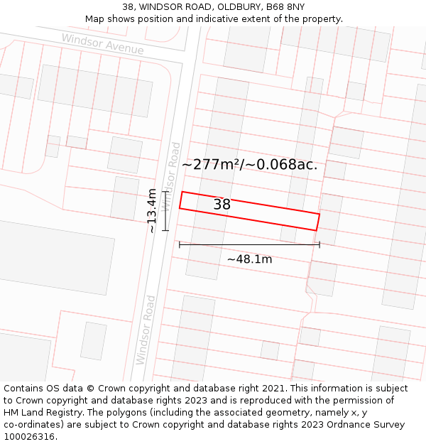 38, WINDSOR ROAD, OLDBURY, B68 8NY: Plot and title map