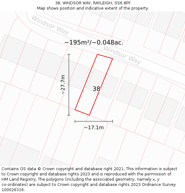 38, WINDSOR WAY, RAYLEIGH, SS6 8PF: Plot and title map