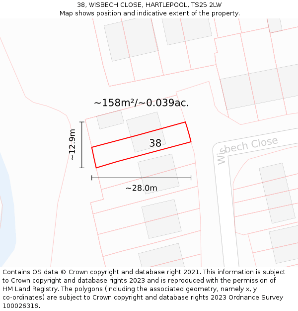 38, WISBECH CLOSE, HARTLEPOOL, TS25 2LW: Plot and title map