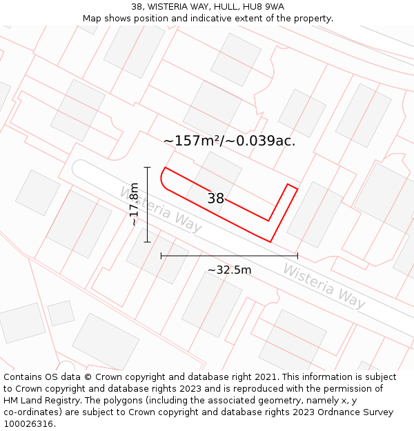 38, WISTERIA WAY, HULL, HU8 9WA: Plot and title map