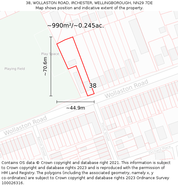 38, WOLLASTON ROAD, IRCHESTER, WELLINGBOROUGH, NN29 7DE: Plot and title map
