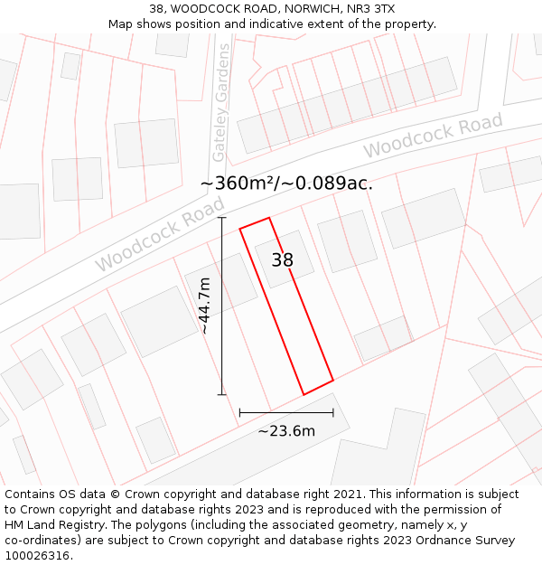 38, WOODCOCK ROAD, NORWICH, NR3 3TX: Plot and title map