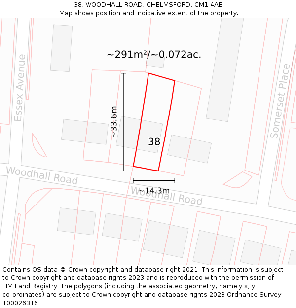 38, WOODHALL ROAD, CHELMSFORD, CM1 4AB: Plot and title map