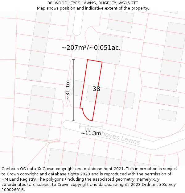 38, WOODHEYES LAWNS, RUGELEY, WS15 2TE: Plot and title map