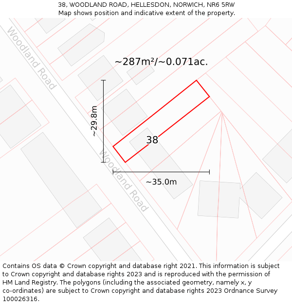 38, WOODLAND ROAD, HELLESDON, NORWICH, NR6 5RW: Plot and title map