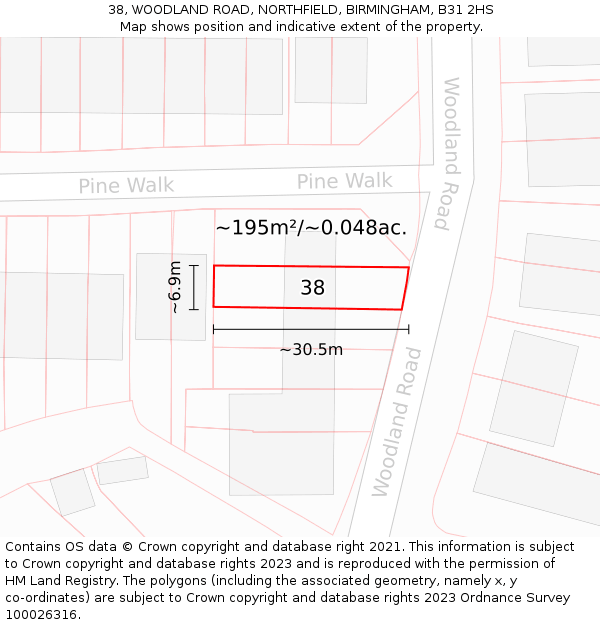 38, WOODLAND ROAD, NORTHFIELD, BIRMINGHAM, B31 2HS: Plot and title map