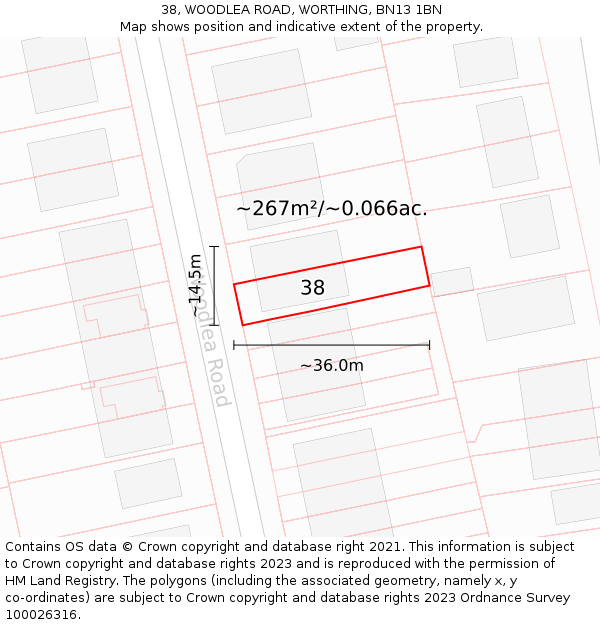 38, WOODLEA ROAD, WORTHING, BN13 1BN: Plot and title map