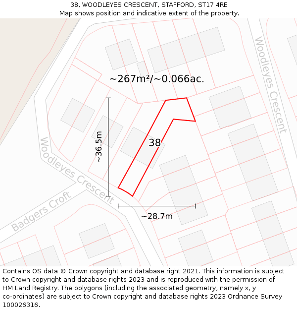38, WOODLEYES CRESCENT, STAFFORD, ST17 4RE: Plot and title map