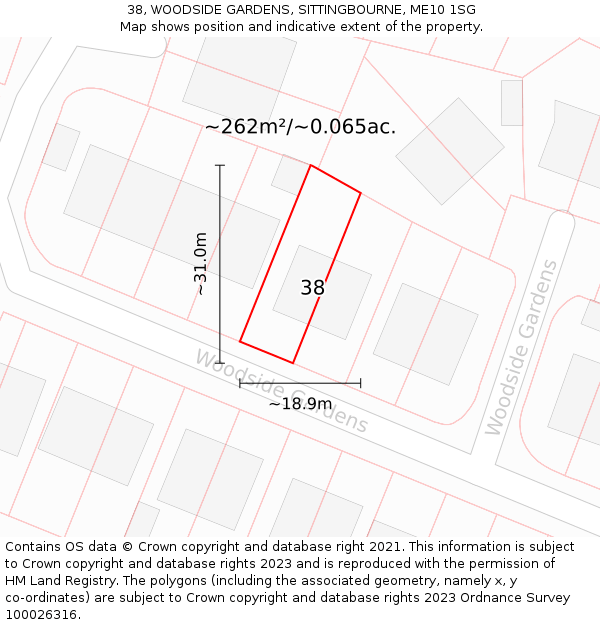 38, WOODSIDE GARDENS, SITTINGBOURNE, ME10 1SG: Plot and title map
