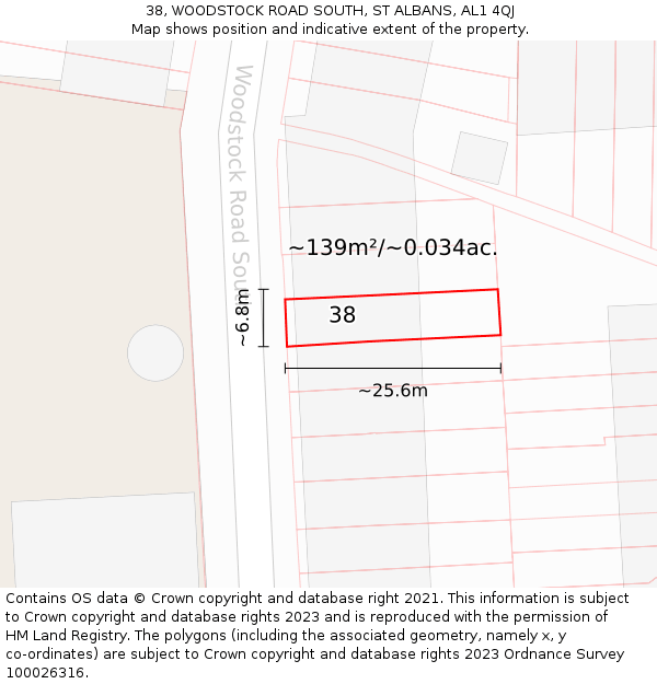 38, WOODSTOCK ROAD SOUTH, ST ALBANS, AL1 4QJ: Plot and title map