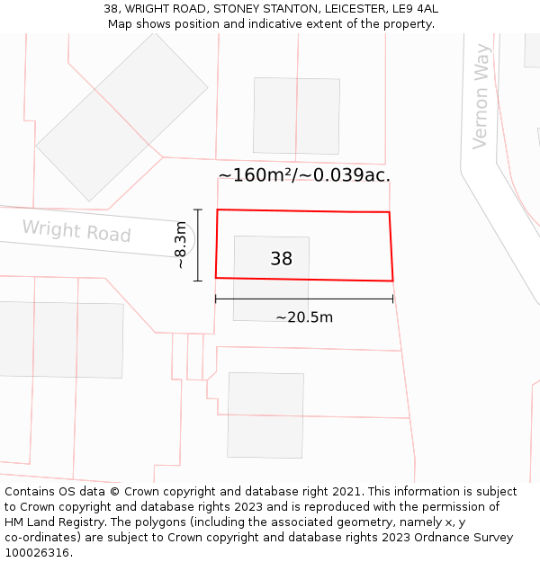38, WRIGHT ROAD, STONEY STANTON, LEICESTER, LE9 4AL: Plot and title map
