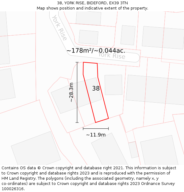 38, YORK RISE, BIDEFORD, EX39 3TN: Plot and title map