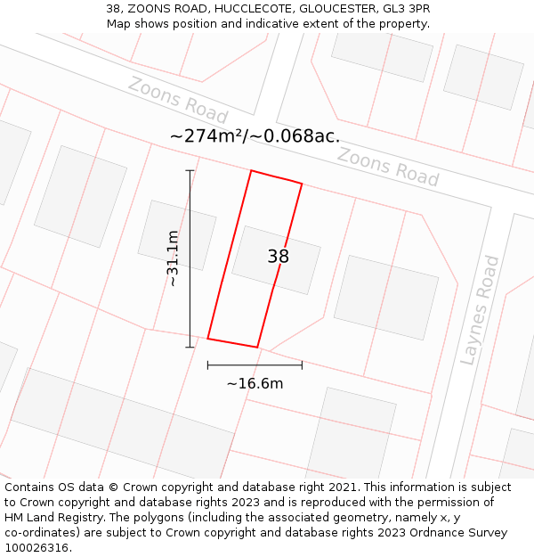 38, ZOONS ROAD, HUCCLECOTE, GLOUCESTER, GL3 3PR: Plot and title map