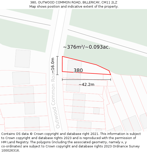 380, OUTWOOD COMMON ROAD, BILLERICAY, CM11 2LZ: Plot and title map