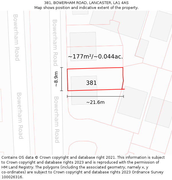 381, BOWERHAM ROAD, LANCASTER, LA1 4AS: Plot and title map